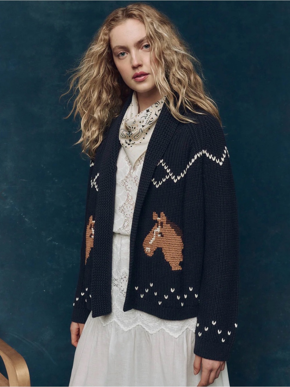 THE GREAT. Navy Lodge Horse Cardigan